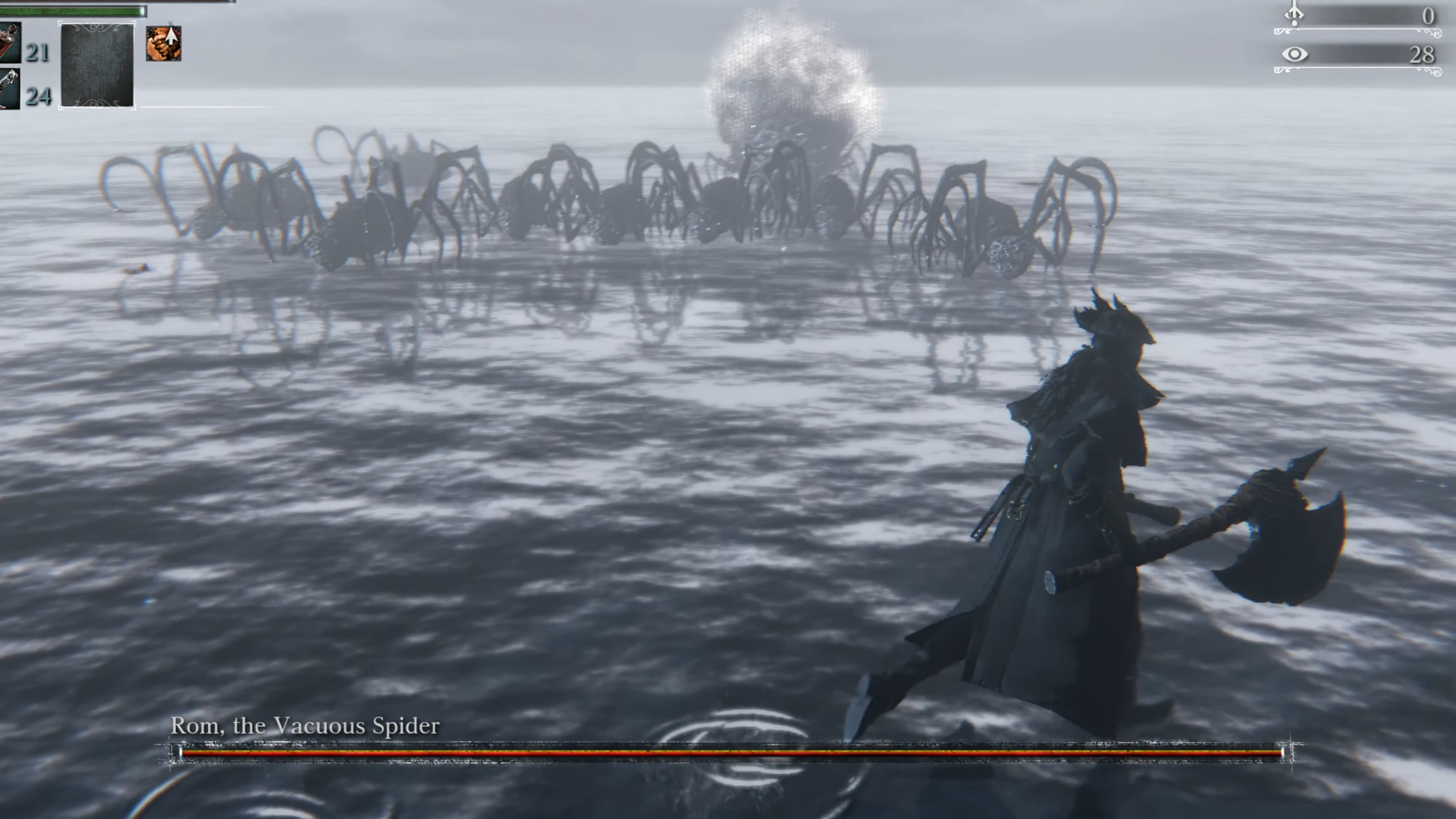 In the background, a large grey orb-shaped creature with bug-like legs stands behind seven smaller spiders. In the foreground, a figure clothed in black is running over shallow water, a large axe in their hand. The game UI is visible, including a health bar labeled "Rom, the Vacuous Spider"