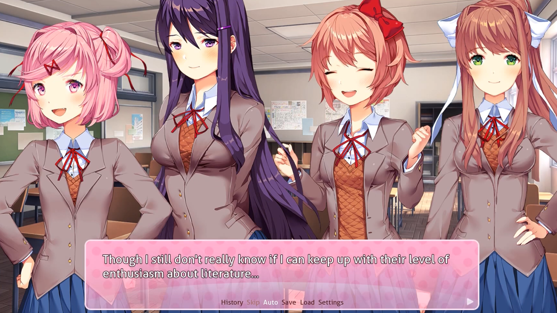Four girls in school uniforms smile at the viewer. Text in a pink box at the bottom of the screen reads "Though I don't really know if I can keep up with their level of enthusiam about literature."